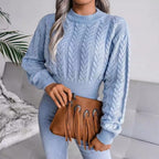 Women's Cropped Cable Knit Puff Sleeve Jumper, Blue, view 5