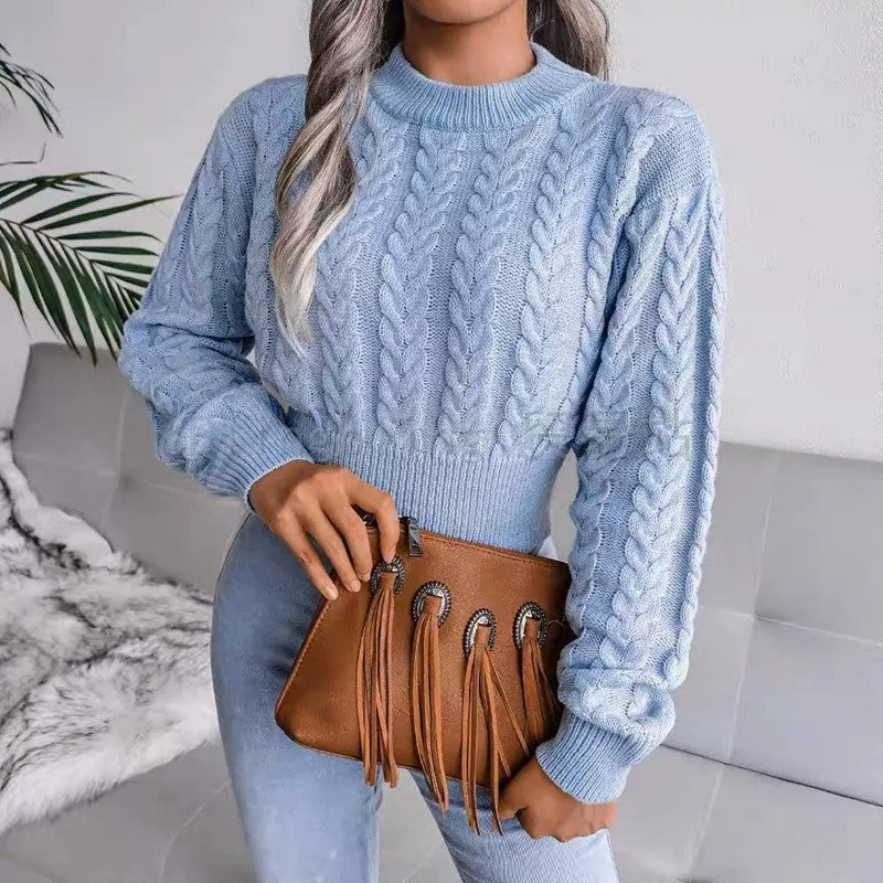 Women's Cropped Cable Knit Puff Sleeve Jumper, Blue, view 5