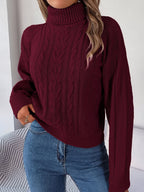 Women's Cropped Cable Knit Turtleneck Jumper with Puff Sleeves, Burgundy, view 1