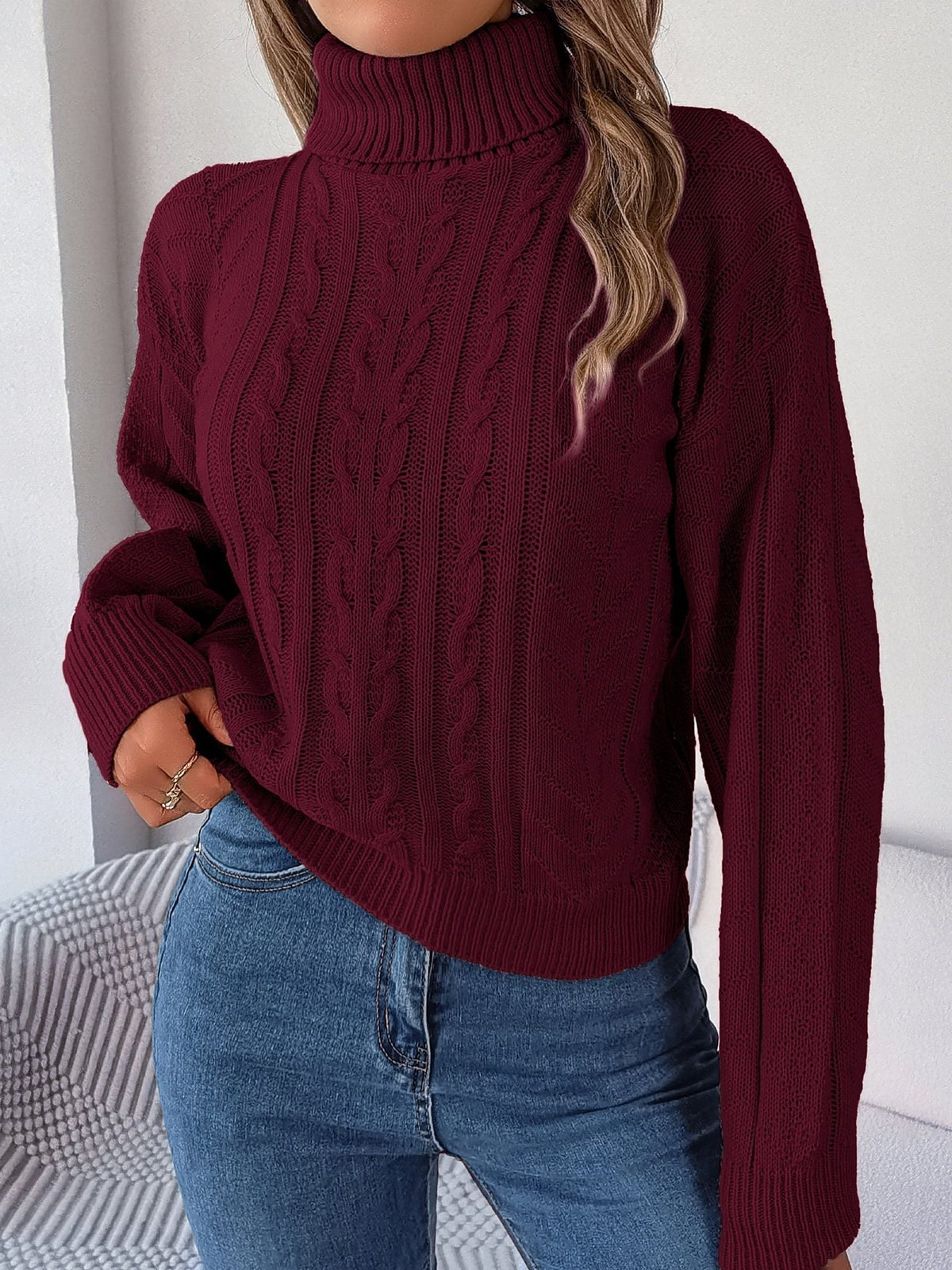 Women's Cropped Cable Knit Turtleneck Jumper with Puff Sleeves, Burgundy, view 1