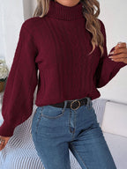 Women's Cropped Cable Knit Turtleneck Jumper with Puff Sleeves, view 2