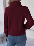 Women's Cropped Cable Knit Turtleneck Jumper with Puff Sleeves, view 3