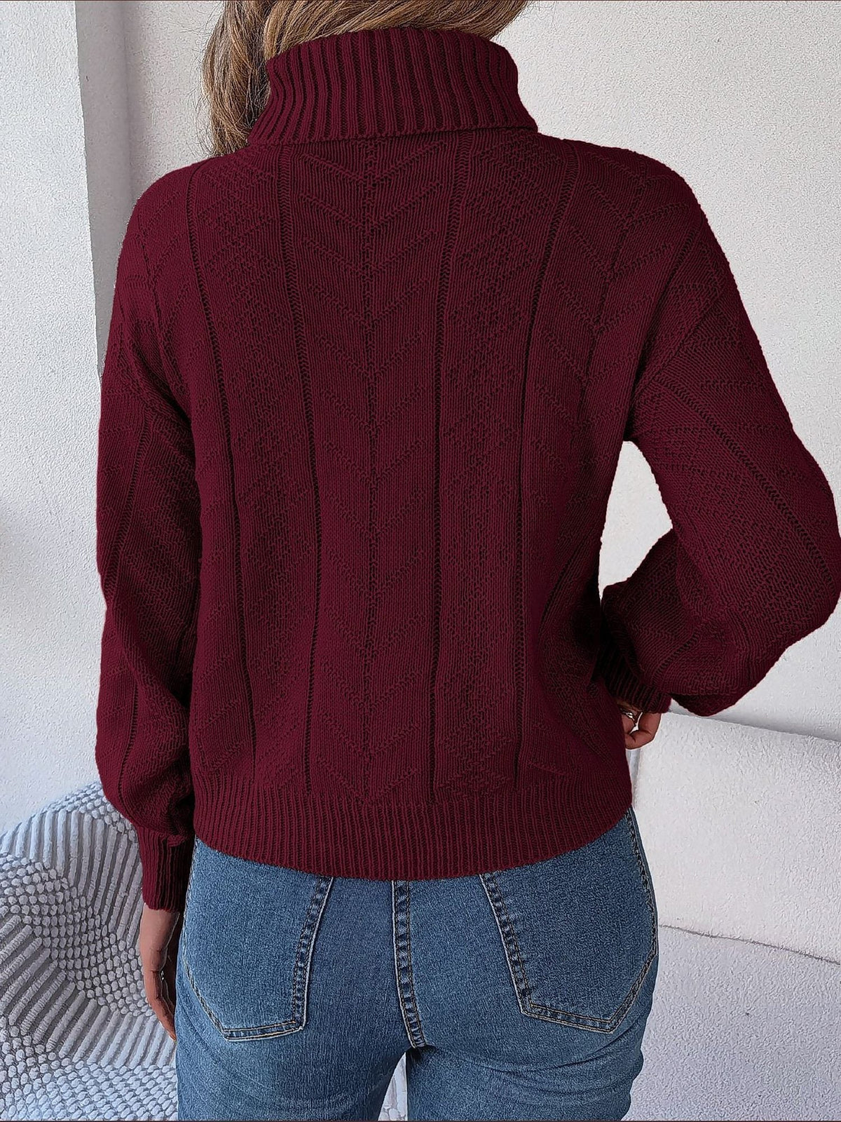 Women's Cropped Cable Knit Turtleneck Jumper with Puff Sleeves, view 3