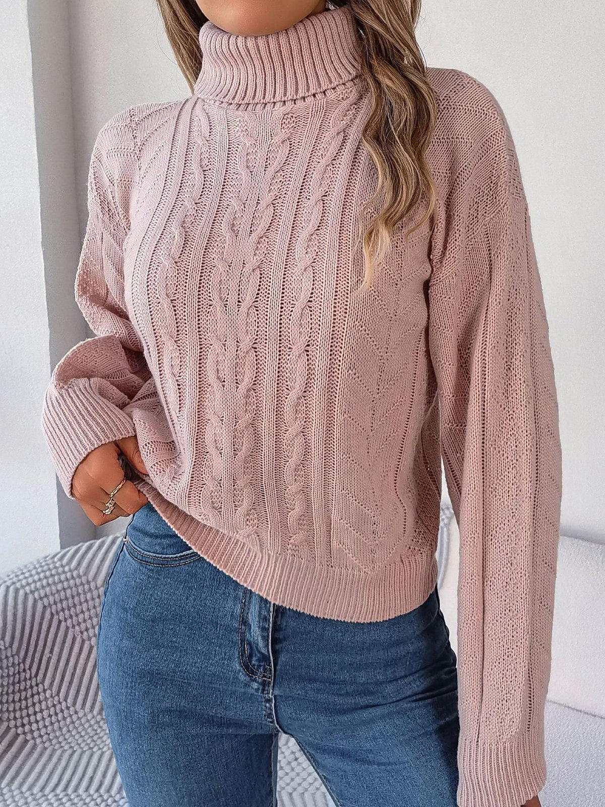 Women's Cropped Cable Knit Turtleneck Jumper with Puff Sleeves, Pink, view 4