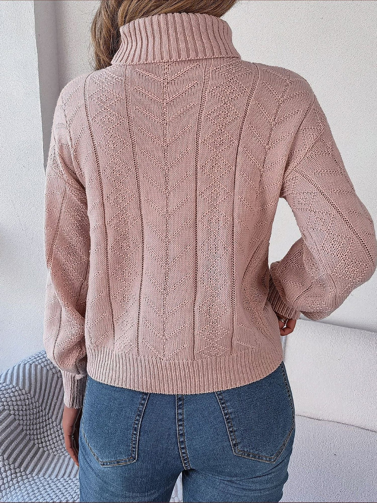 Women's Cropped Cable Knit Turtleneck Jumper with Puff Sleeves, view 5