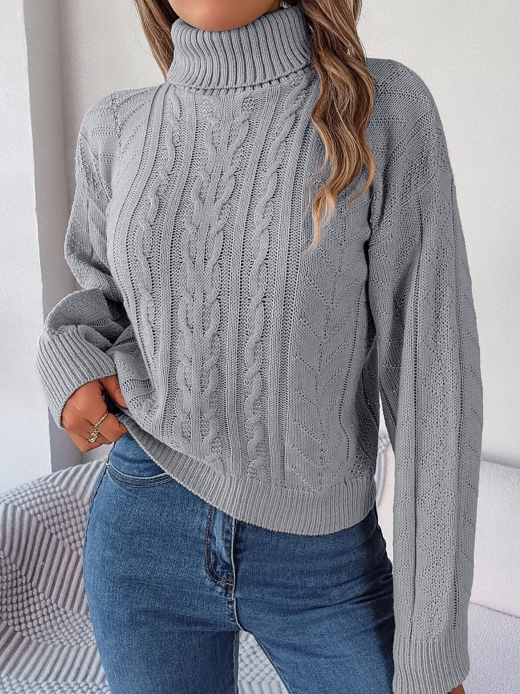 Women's Cropped Cable Knit Turtleneck Jumper with Puff Sleeves, Grey, view 6