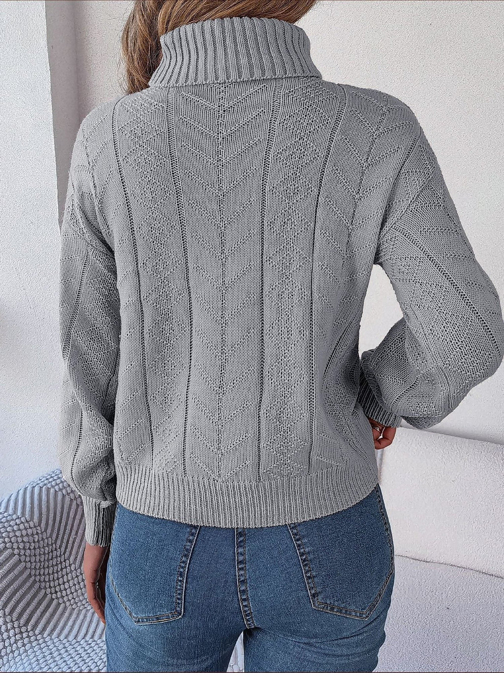 Women's Cropped Cable Knit Turtleneck Jumper with Puff Sleeves, view 7