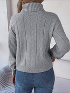 Women's Cropped Cable Knit Turtleneck Jumper with Puff Sleeves, view 7