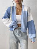 Women's Cropped Colour Block Cardigan with Ribbed Cuffs, Light Blue, view 1