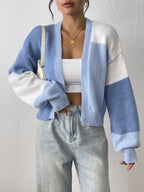 Women's Cropped Colour Block Cardigan with Ribbed Cuffs, Light Blue, view 1