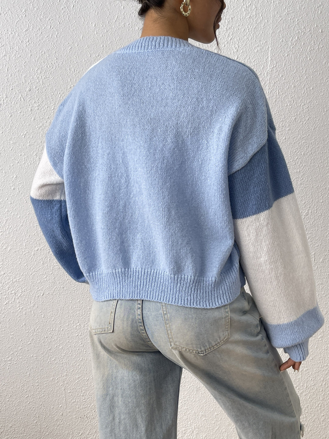 Women's Cropped Colour Block Cardigan with Ribbed Cuffs, view 2