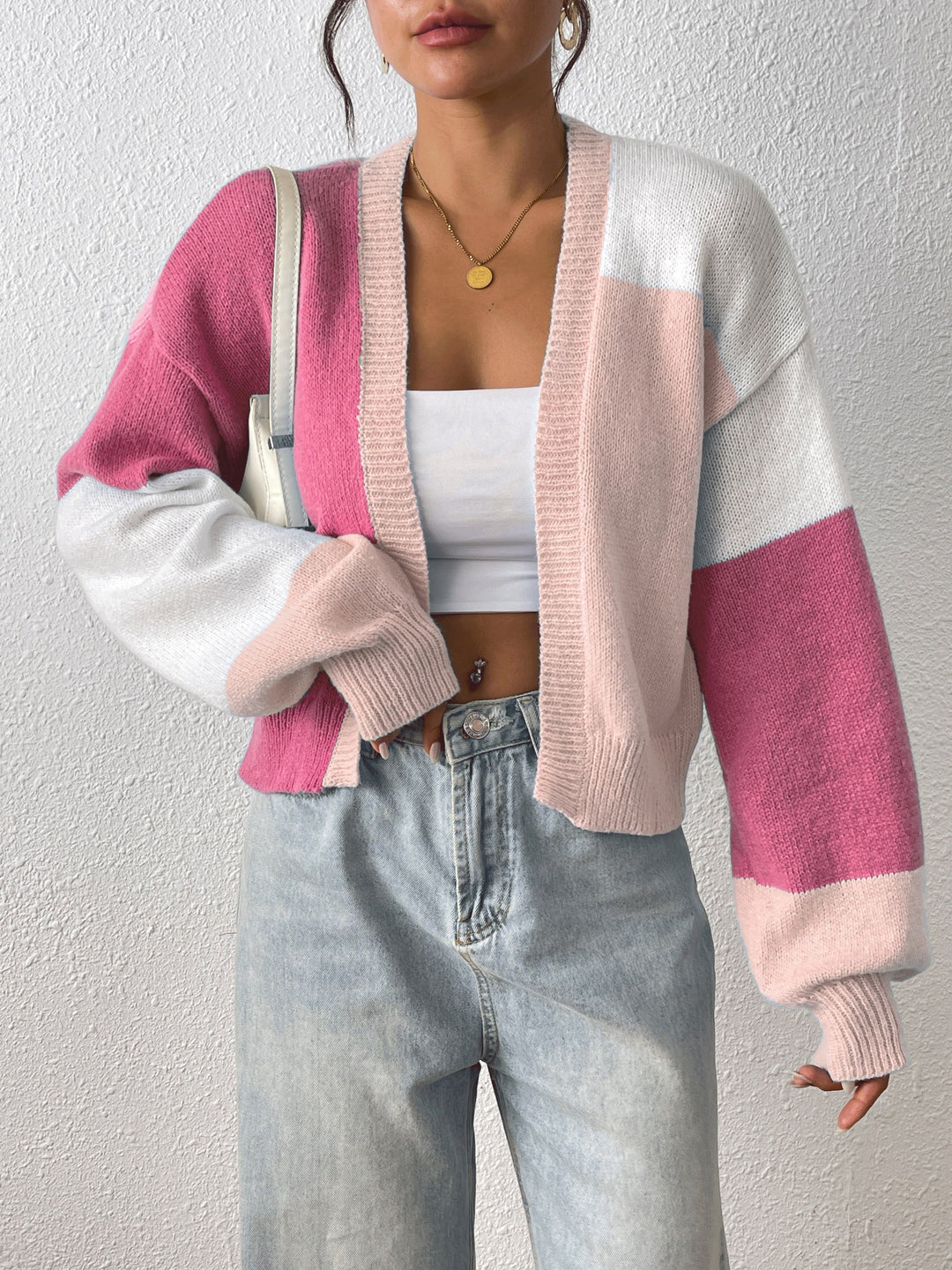 Women's Cropped Colour Block Cardigan with Ribbed Cuffs, Pink, view 3
