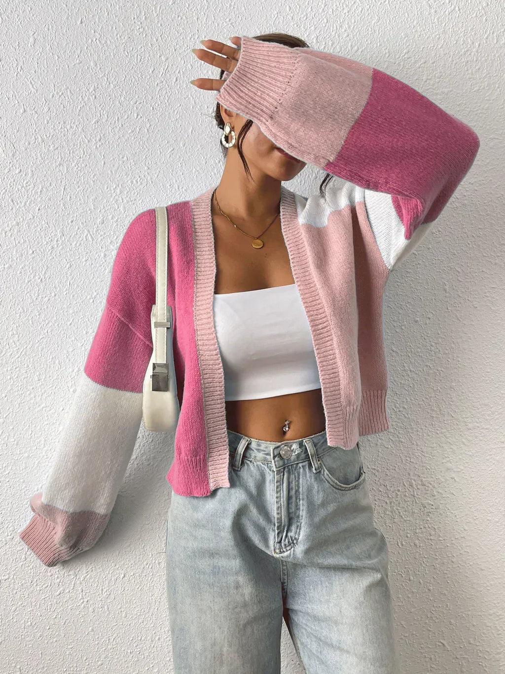 Women's Cropped Colour Block Cardigan with Ribbed Cuffs, view 4