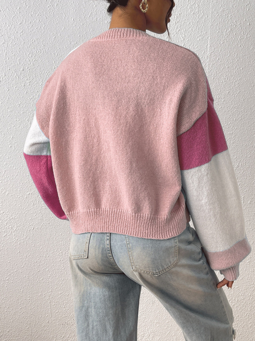 Women's Cropped Colour Block Cardigan with Ribbed Cuffs, view 5