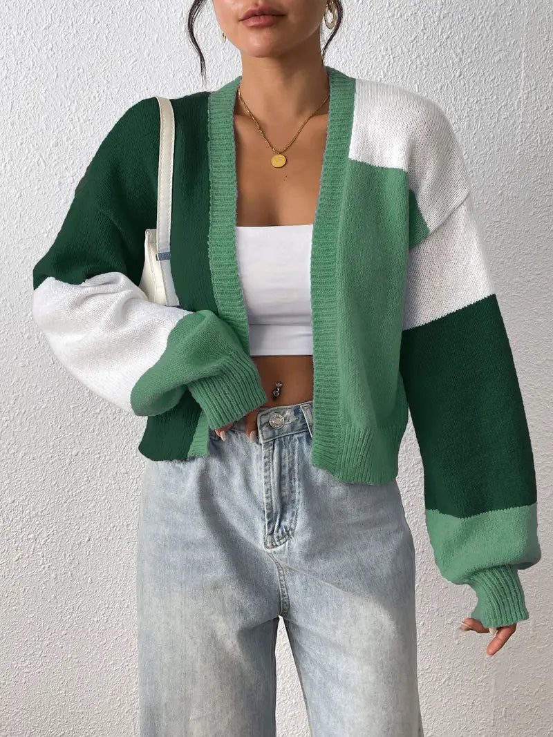 Women's Cropped Colour Block Cardigan with Ribbed Cuffs, Green, view 6