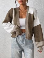 Women's Cropped Colour Block Cardigan with Ribbed Cuffs, Brown, view 7