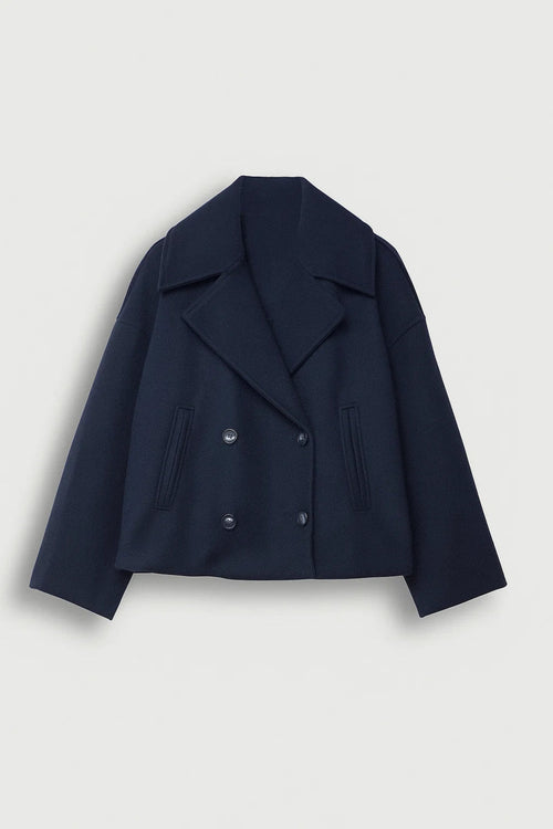 Women's Cropped Double-Breasted Pea Coat, Dark Blue, view 1