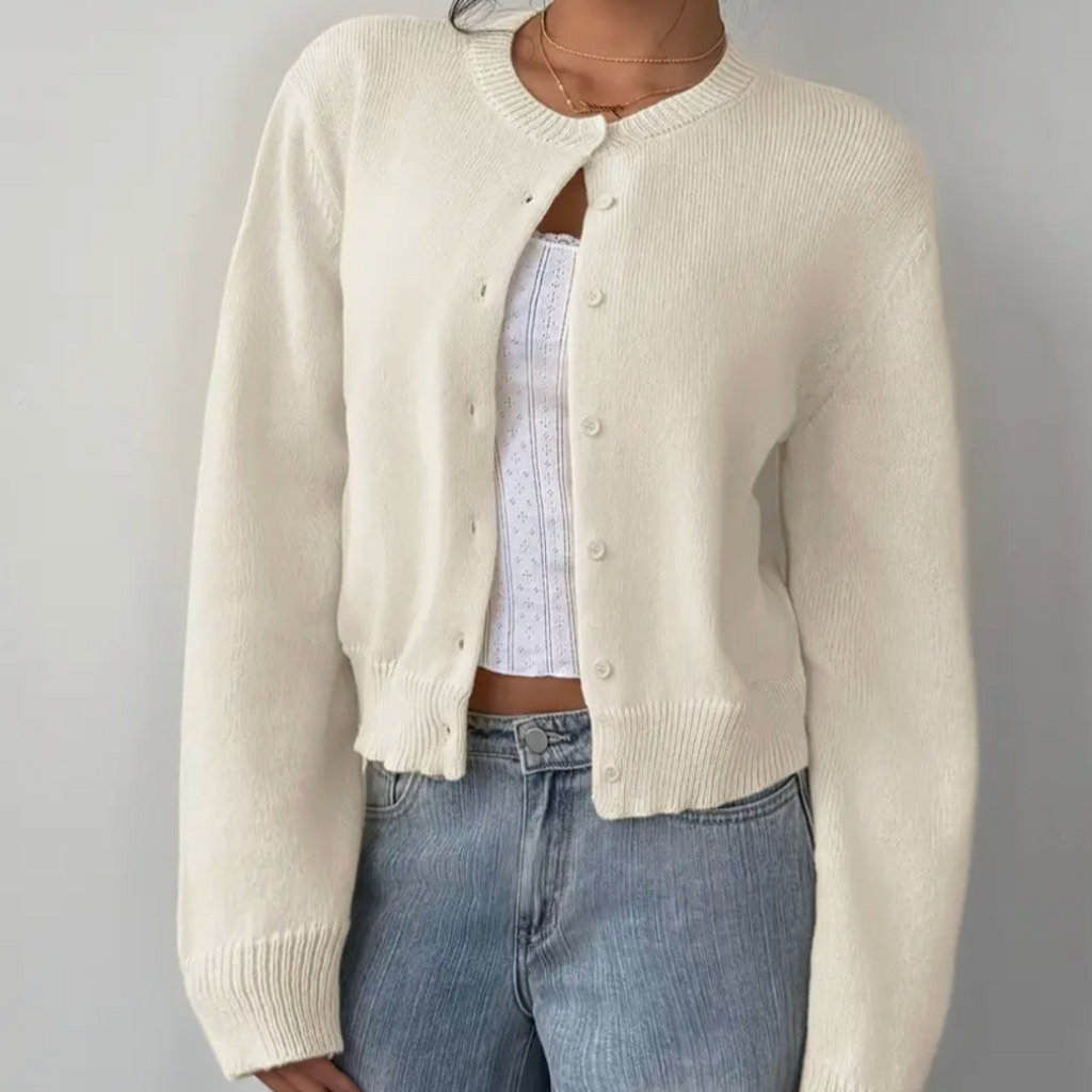 Women's Cropped Fine Knit Cardigan with Round Neck, White, view 1
