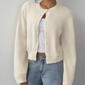 Women's Cropped Fine Knit Cardigan with Round Neck, White, view 1
