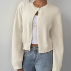 Women's Cropped Fine Knit Cardigan with Round Neck, White, view 1