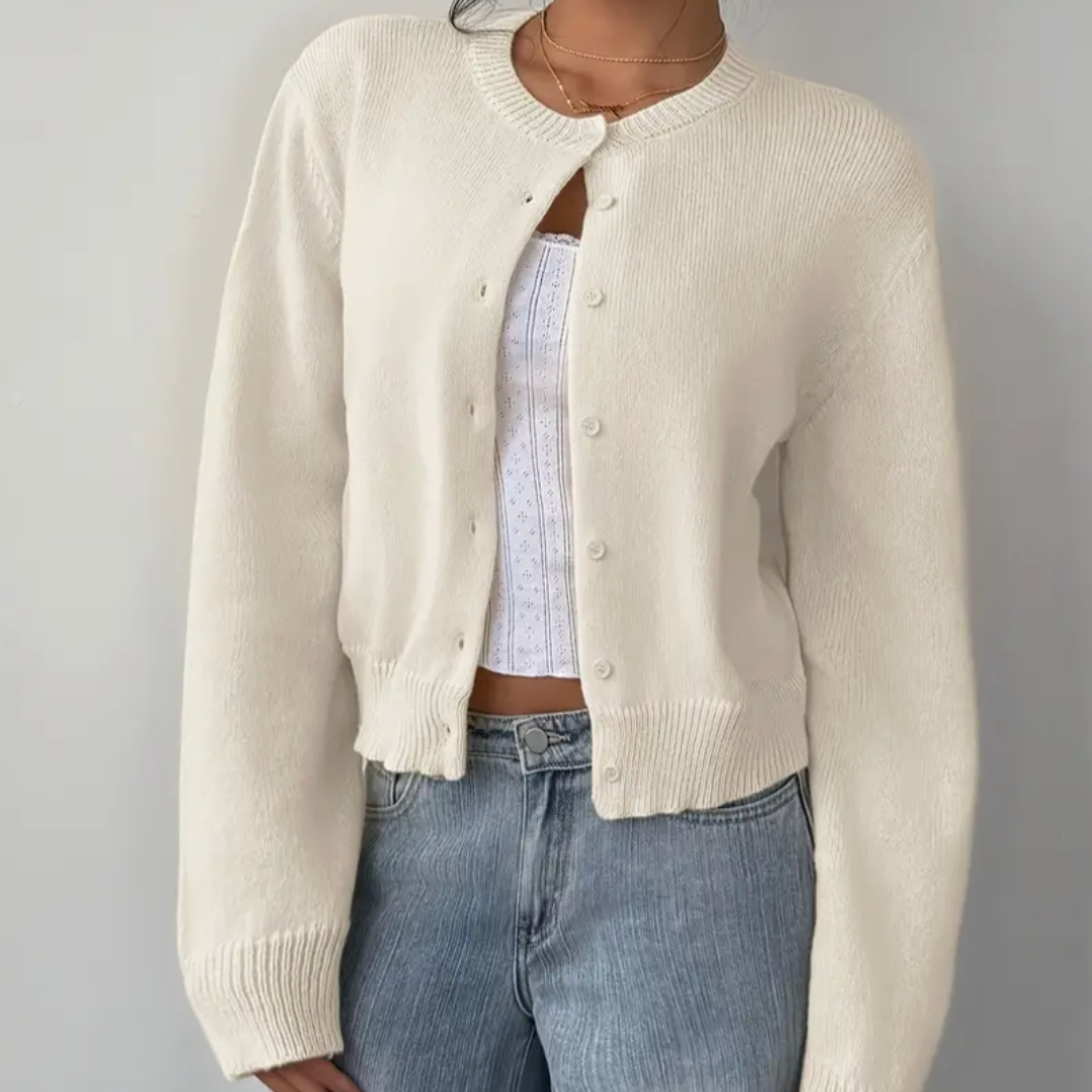 Women's Cropped Fine Knit Cardigan with Round Neck, White, view 1