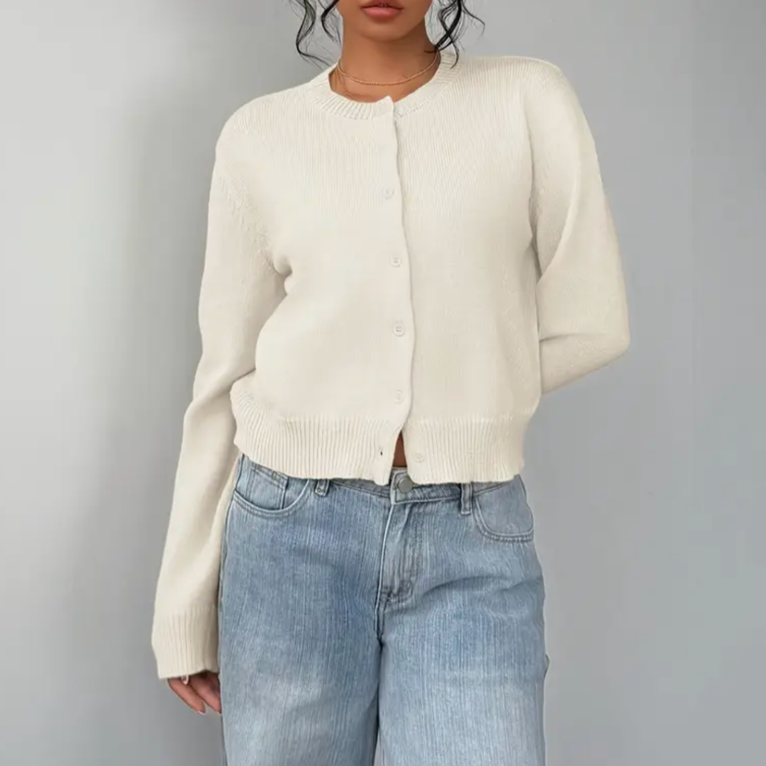 Women's Cropped Fine Knit Cardigan with Round Neck, view 2