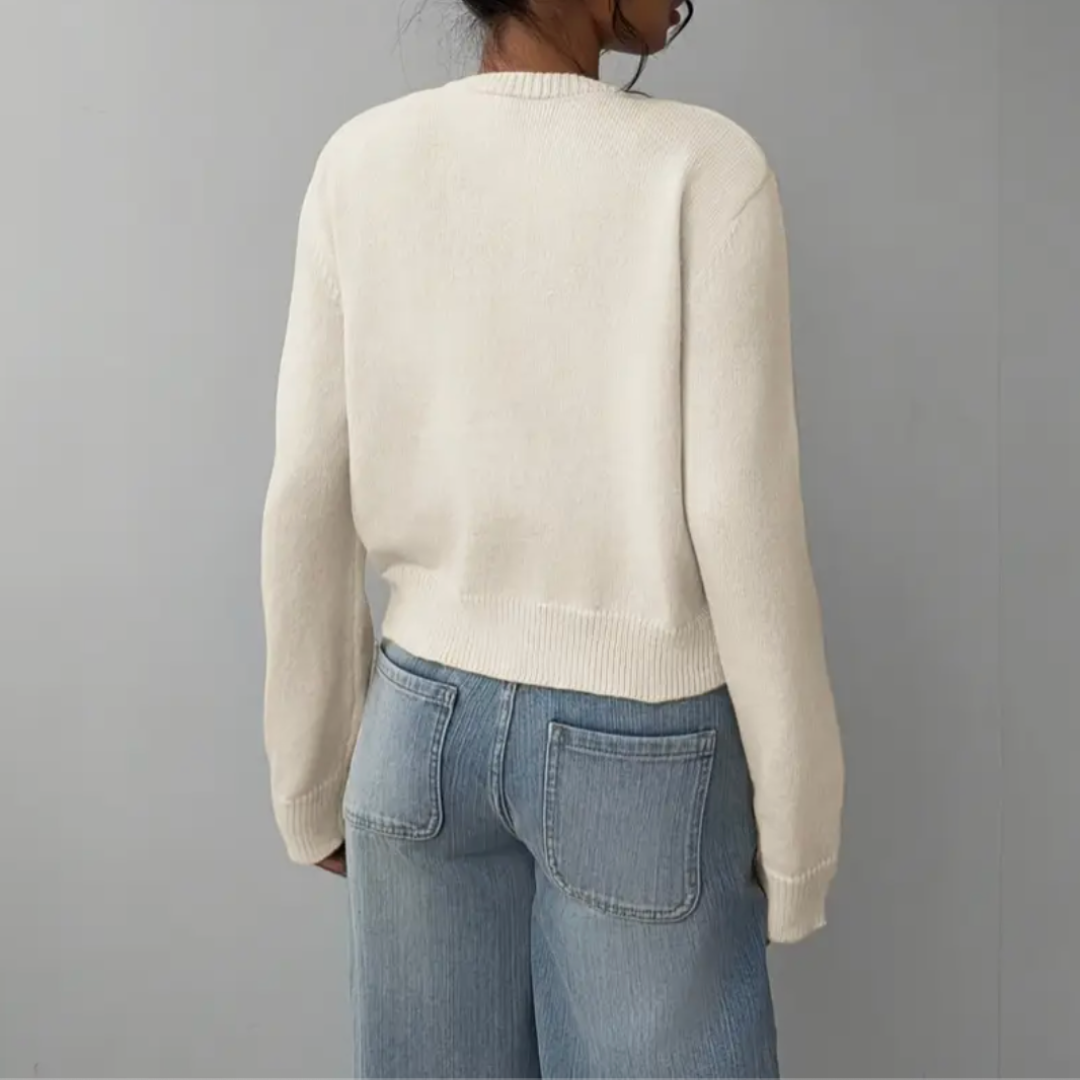 Women's Cropped Fine Knit Cardigan with Round Neck, view 3