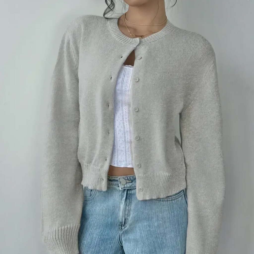 Women's Cropped Fine Knit Cardigan with Round Neck, Grey, view 4