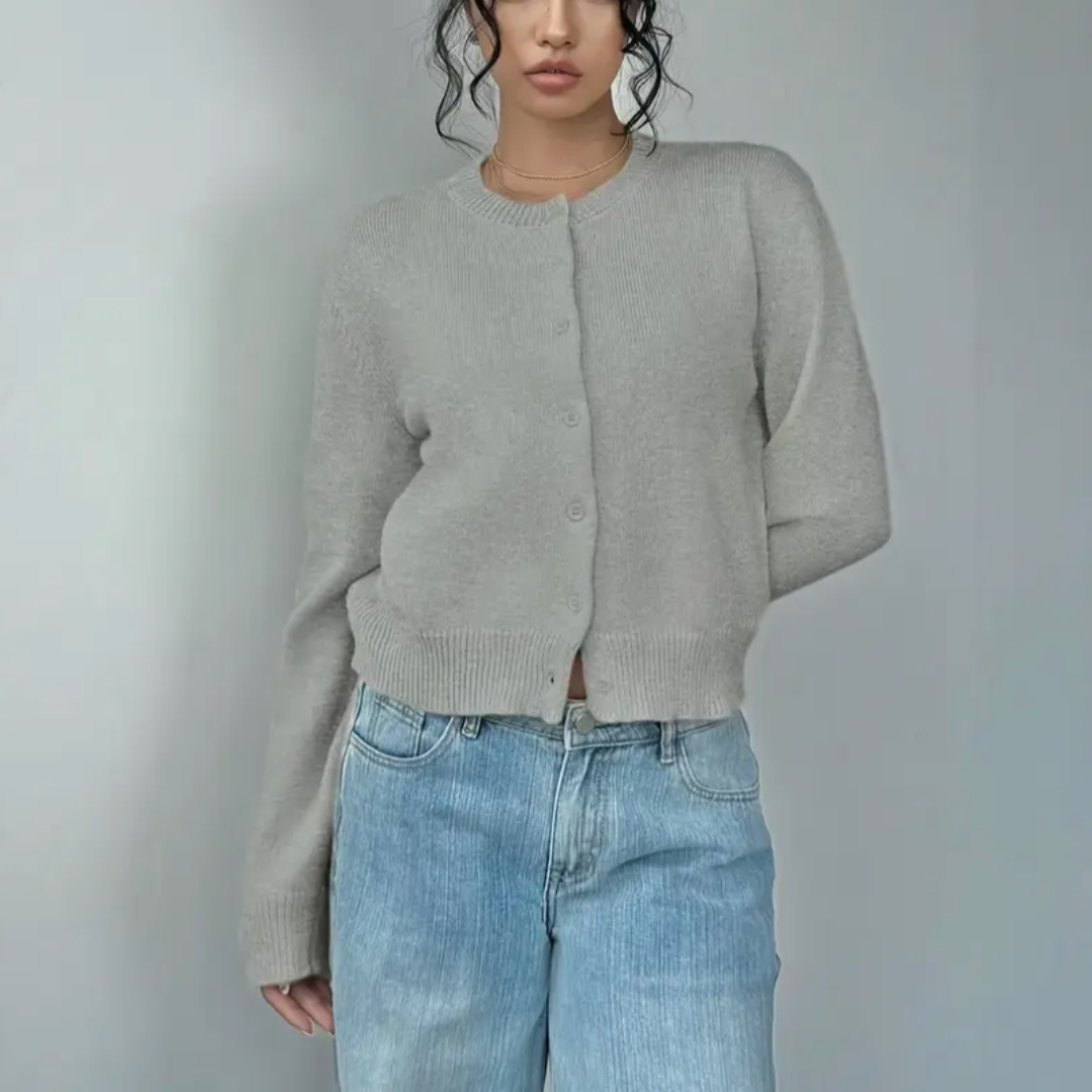 Women's Cropped Fine Knit Cardigan with Round Neck, view 5