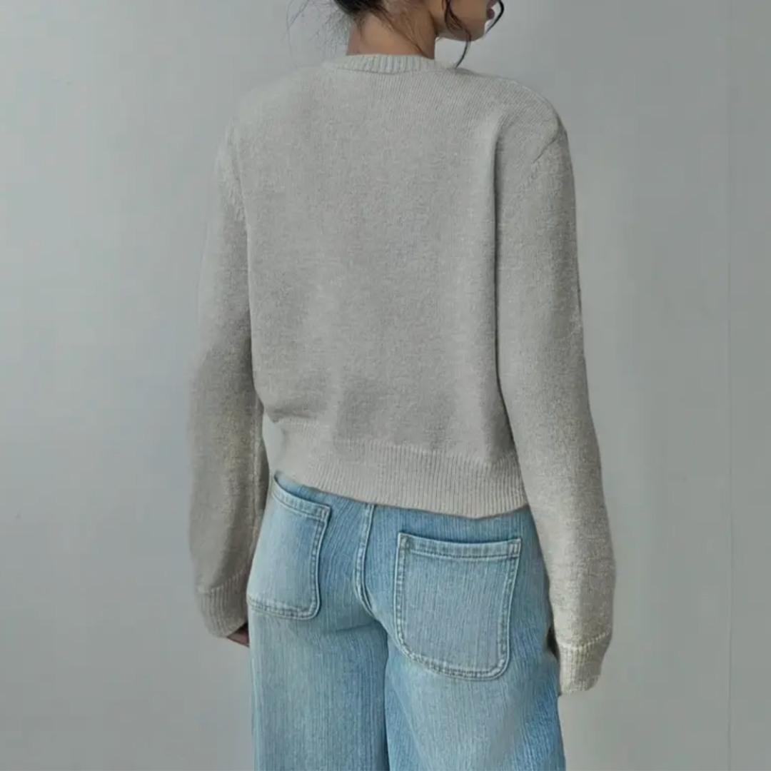 Women's Cropped Fine Knit Cardigan with Round Neck, view 6