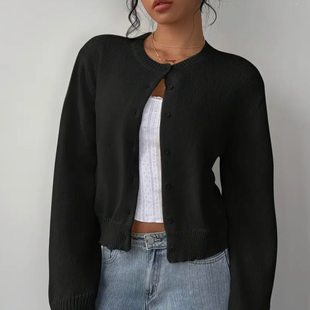 Women's Cropped Fine Knit Cardigan with Round Neck, Black, view 7