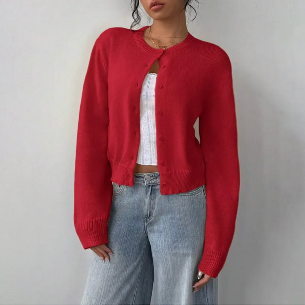 Women's Cropped Fine Knit Cardigan with Round Neck, Red, view 9