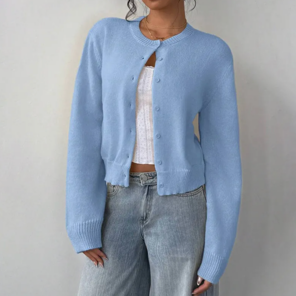 Women's Cropped Fine Knit Cardigan with Round Neck, Blue, view 11