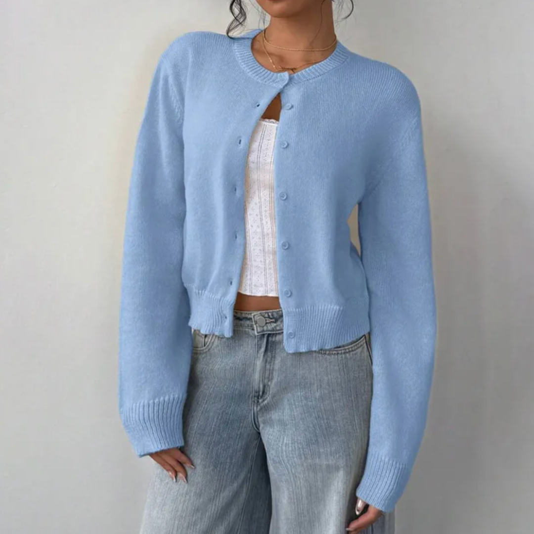 Women's Cropped Fine Knit Cardigan with Round Neck, Blue, view 11