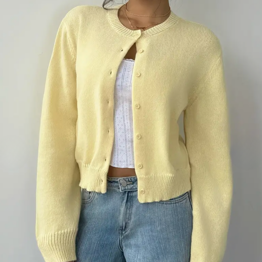 Women's Cropped Fine Knit Cardigan with Round Neck, Yellow, view 13