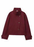 Women's Cropped High-Collar Coat with Asymmetric Buttons, Burgundy, view 1