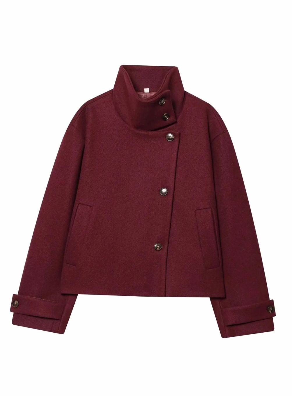 Women's Cropped High-Collar Coat with Asymmetric Buttons, Burgundy, view 1