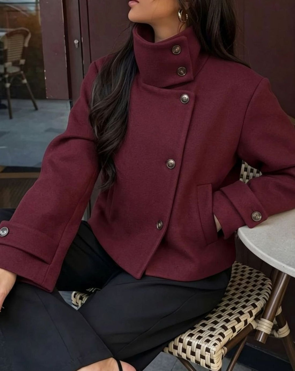 Women's Cropped High-Collar Coat with Asymmetric Buttons, view 3