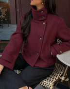 Women's Cropped High-Collar Coat with Asymmetric Buttons, view 3