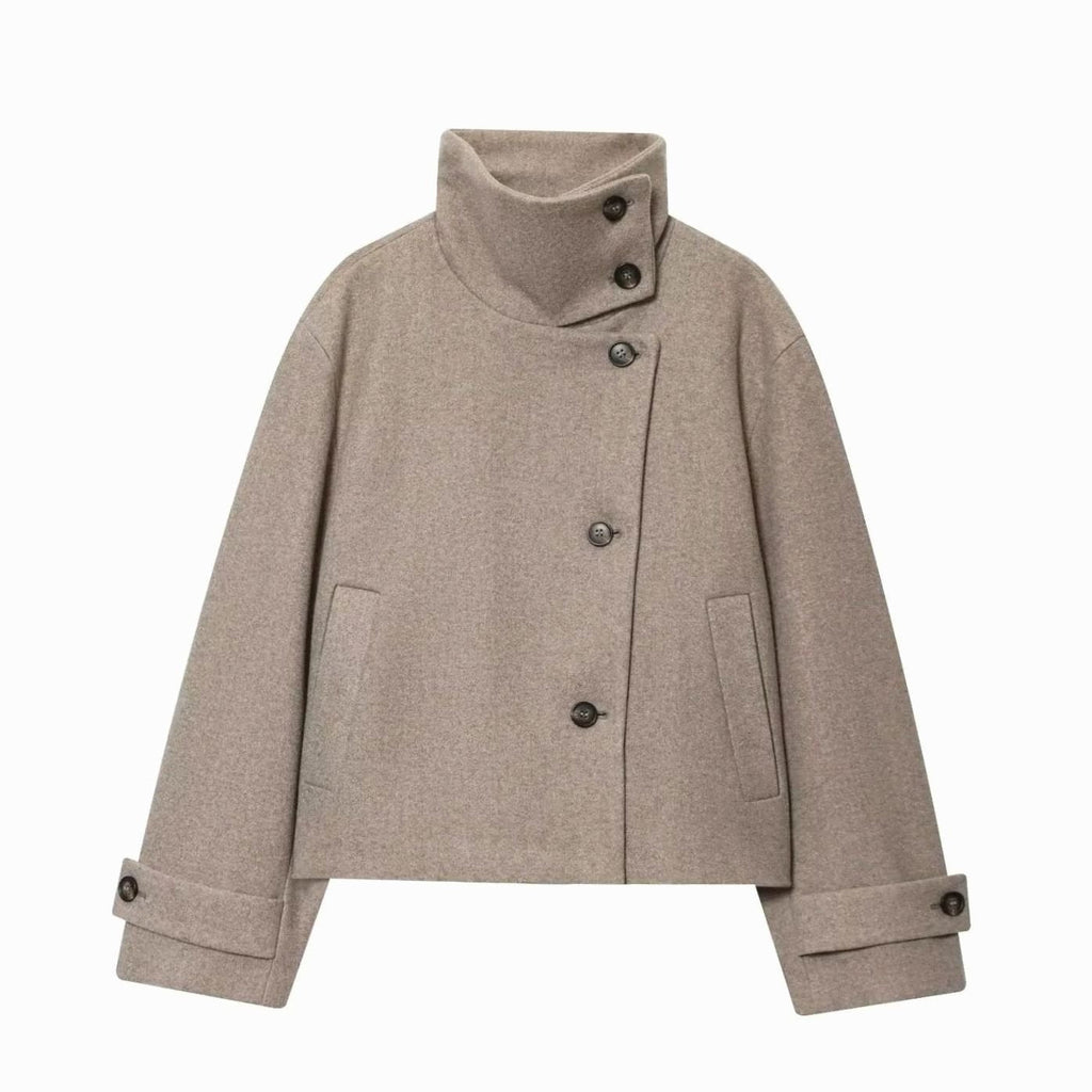 Women's Cropped High-Collar Coat with Asymmetric Buttons, Beige, view 4