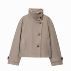 Women's Cropped High-Collar Coat with Asymmetric Buttons, Beige, view 4