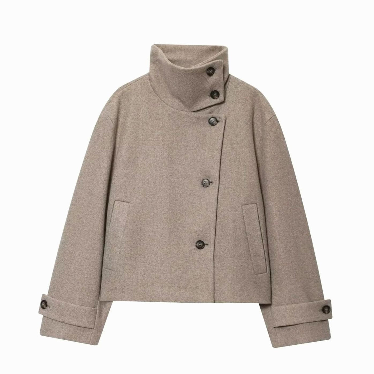 Women's Cropped High-Collar Coat with Asymmetric Buttons, Beige, view 4