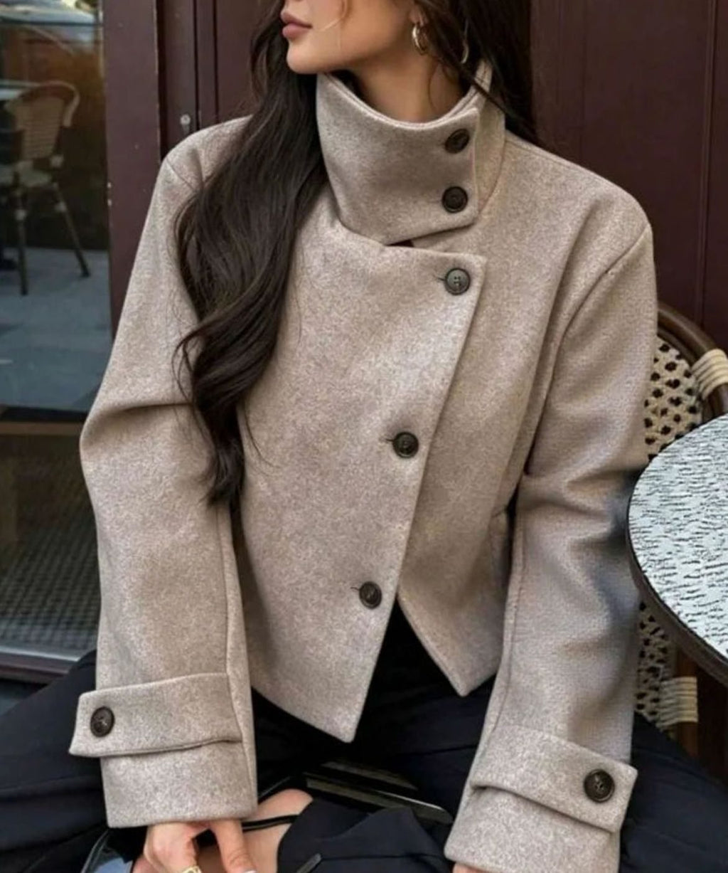 Women's Cropped High-Collar Coat with Asymmetric Buttons, view 5