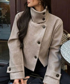 Women's Cropped High-Collar Coat with Asymmetric Buttons, view 5