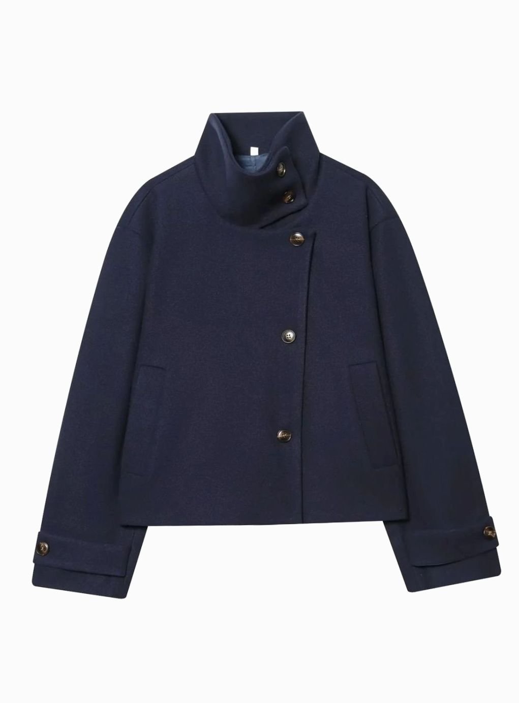 Women's Cropped High-Collar Coat with Asymmetric Buttons, Navy Blue, view 6