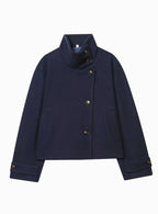 Women's Cropped High-Collar Coat with Asymmetric Buttons, Navy Blue, view 6
