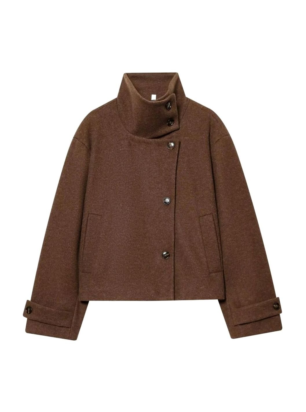 Women's Cropped High-Collar Coat with Asymmetric Buttons, Brown, view 7
