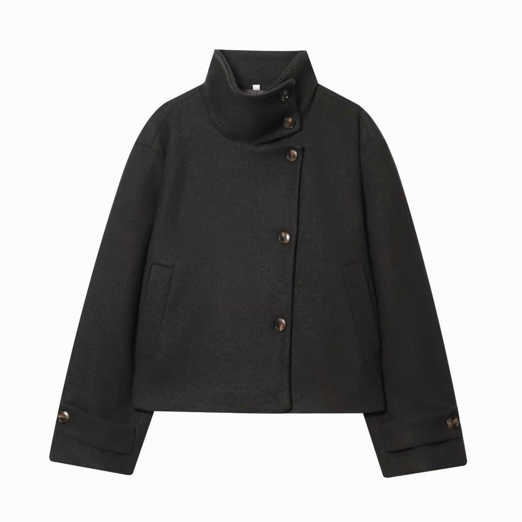 Women's Cropped High-Collar Coat with Asymmetric Buttons, Black, view 8