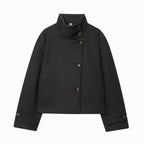 Women's Cropped High-Collar Coat with Asymmetric Buttons, Black, view 8