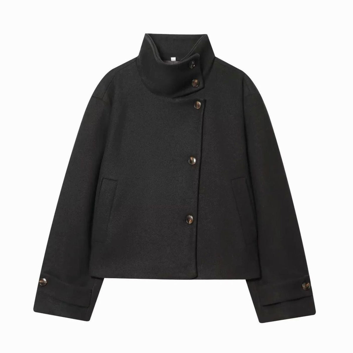 Women's Cropped High-Collar Coat with Asymmetric Buttons, Black, view 8